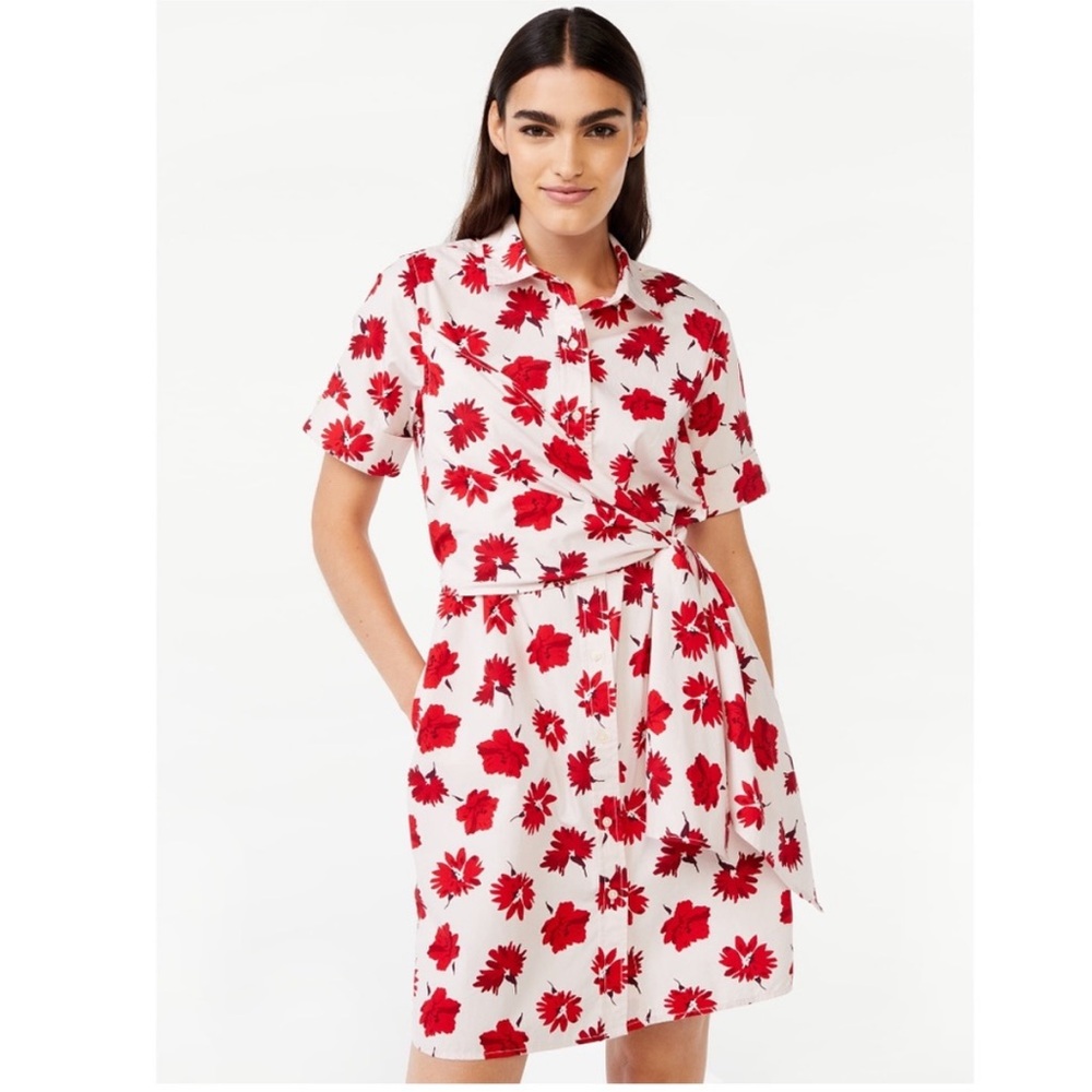 Free Assembly Floral Wrap Dress Button Down Pockets Small EUC Like New Red White